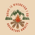 Adventure awaits. Hand draw illustration of wild mountain landscape and tourist campfire. Design element for logo, label