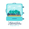 Adventure awaits - lettering quote. Open travel suitcase with tropical island, palm trees, umbrellas and mountains inside. Flat