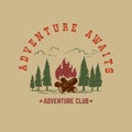 Adventure awaits. Mountains illustration with campfire. Design element for poster, card, banner, t shirt.