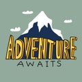 Adventure awaits word comic style in front of mountain cartoon illustration