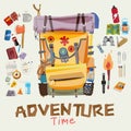 Adventure backpack with traveller objects in round frame. advent