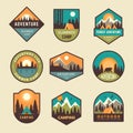 Adventure badges. Summer camp mountains forest hiking exploring scout outdoor labels hipster stickers recent vector Royalty Free Stock Photo
