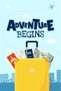 Adventure begins advertising vacation travel poster design concept. Yellow suitcase luggage with map, flight ticket and