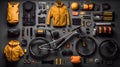 Adventure Begins Knolling Shot of MTB Biker Equipment. Generative AI Royalty Free Stock Photo