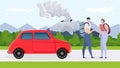 Adventure by car near mountain, vector illustration.Tourist couple character travel at holiday, vacation trip with flat