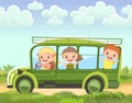 Adventure of children on vacation. Rural countryside landscape with meadow and road. Safari. Childrens cartoon