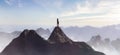 Adventure Composite. Adventurous Female person hiking on top of a mountain