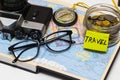 Adventure concept. Traveler items on map background Royalty Free Stock Photo