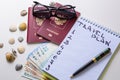 Adventure concept. Traveler items on white table. Glasses, passport, euros, Notepad with pen and shell.