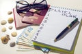 Adventure concept. Traveler items on white table. Glasses, passport, euros, Notepad with pen and shell. Royalty Free Stock Photo