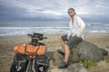 Adventure Cyclist on Beach by Bicycle Royalty Free Stock Photo