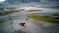 The adventure driving jeep 4WD into Beautiful active Volcano with smoke Mount Bromo Royalty Free Stock Photo