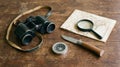 Adventure Essentials - Binoculars, Compass, Map, Magnifying Glass, and Knife Royalty Free Stock Photo