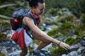 Adventure, exercise and hiking with woman in mountains for active hobby, health or morning recreation. Fitness, glasses Royalty Free Stock Photo