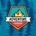 Adventure expedition label on pine tree background