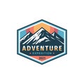 Adventure expedition mountain badge design. Extreme traveling logo in flat vintage style. Hiking climbing sport training. Vector i Royalty Free Stock Photo