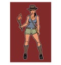 adventure explorer girl cartoon character with a hat and a bag