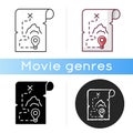 Adventure film icon. Linear black and RGB color styles. Popular movie genre, filmmaking category. Exciting story with