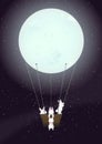 Adventure Of Four White Rabbits On The Space With Moon Balloon Art - Vector