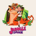 Adventure girl huge a big tiger. character design. jungle lover. Royalty Free Stock Photo