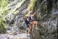 Adventure hiking trail through canyon in Slovak paradise national park, Slovakia. Via ferrata in canyon Kysel. Discovery travel c