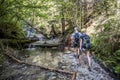 Adventure hiking trail through canyon in Slovak paradise national park, Slovakia. Via ferrata in canyon Kysel. Discovery travel c