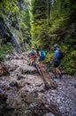 Adventure hiking trail through canyon in Slovak paradise national park, Slovakia. Via ferrata in canyon Kysel. Discovery travel c