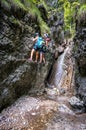 Adventure hiking trail through canyon in Slovak paradise national park, Slovakia. Via ferrata in canyon Kysel. Discovery travel c