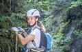 Adventure hiking trail through canyon in Slovak paradise national park, Slovakia. Via ferrata in canyon Kysel. Discovery travel c