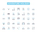 Adventure holiday linear icons set. Thrill, Explore, Adrenaline, Risk, Expedition, Safari, Trek line vector and concept