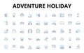 Adventure holiday linear icons set. Thrill, Explore, Adrenaline, Risk, Expedition, Safari, Trek vector symbols and line