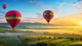 Adventure of hot air ballooning over a Landscape of rolling hills and meadows