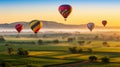 Adventure of hot air ballooning over a Landscape of rolling hills and meadows