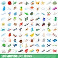 100 adventure icons set, isometric 3d style