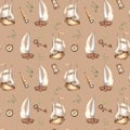 Adventure items, ship watercolor seamless pattern isolated on beige. Compass, spyglass, sailboat, rusty key, ship hand