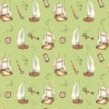 Adventure items, ship watercolor seamless pattern isolated on green. Compass, spyglass, sailboat, rusty key, ship hand