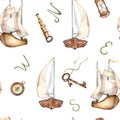 Adventure items, ship watercolor seamless pattern isolated on white. Compass, spyglass, sailboat, rusty key, ship hand