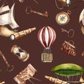 Adventure items vintage style, vessel watercolor seamless pattern isolated on dark. Hot air balloon, ship, sailling