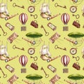 Adventure items vintage style, vessel watercolor seamless pattern isolated on green. Hot air balloon, ship, sailling