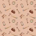 Adventure items vintage style watercolor seamless pattern isolated on beige. Compass, spyglass, map, handbag