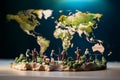 Adventure journey Miniature people exploring a world map, travel concept