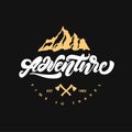 Adventure lettering logo with axe and mountain . Hipster logo style. Vector illustration