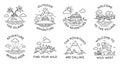 Adventure line badges. Outdoor travel logos and emblems with mountain, cabin in forest, tropical island, village and