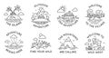 Adventure line badges. Outdoor travel logos and emblems with mountain, cabin in forest, tropical island, village and ocean liner,