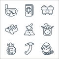 adventure line icons. linear set. quality vector line set such as adventuress, ice axe, walkie talkie, bandage, stump, plane, Royalty Free Stock Photo