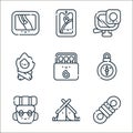 adventure line icons. linear set. quality vector line set such as rope, tent, backpack, compass, match box, firewood, action