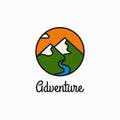 Adventure linear logo. Mountains and river circle