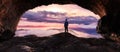 Adventure Man on top of Rocky Mountain Cliff. Mountain landscape from BC in Background. 3D Royalty Free Stock Photo