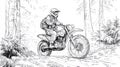 Motorcyclist Riding Dirt Bike Through Forest Trail, Black and White Outline Sketch Royalty Free Stock Photo