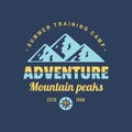 Adventure mountain peaks - concept logo badge for t-shirt clothing. Retro vintage style. Graphic design. Explore expedition.
